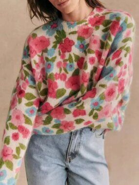 NWT Sezane Janelia Jumper Sweater Pink Flowers/ Turquoise Kid Mohair Knit Small